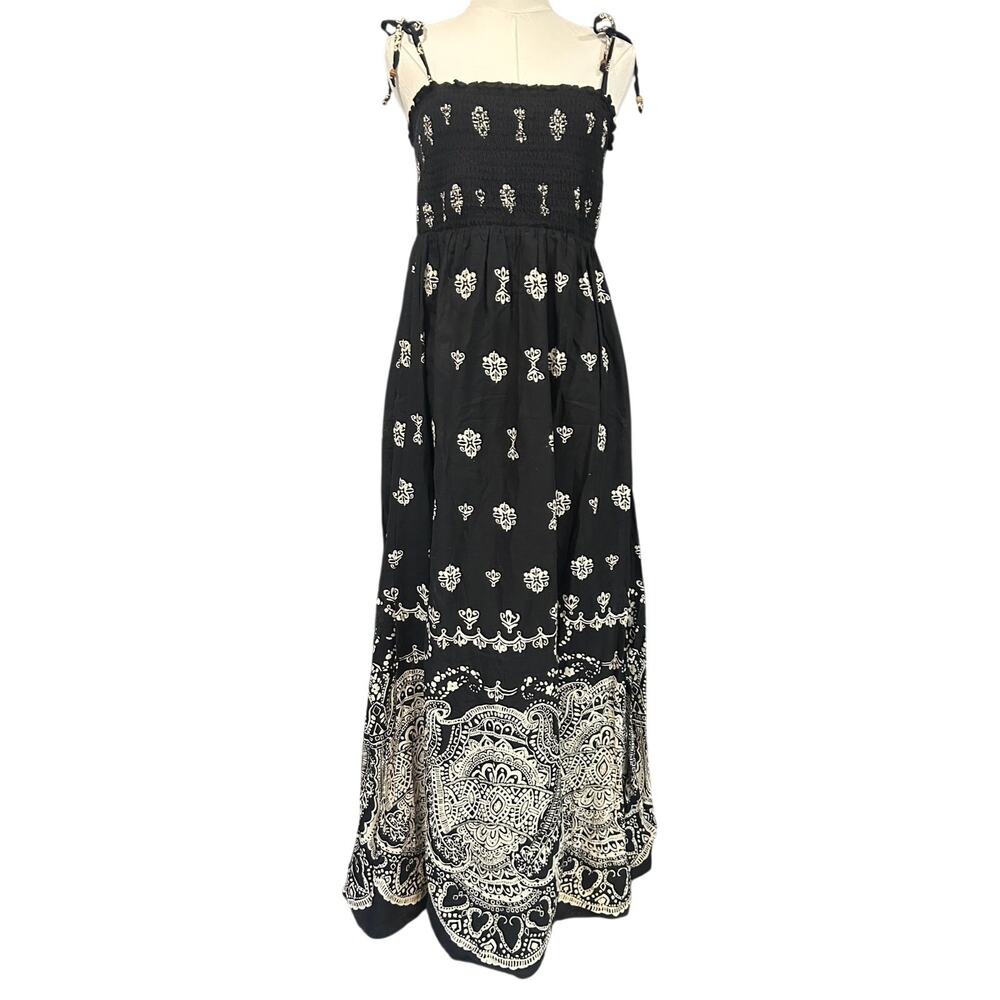 Gap Long Teri Cotton Maxi Dress Boho Beach Black White Paisley Smocked Size L